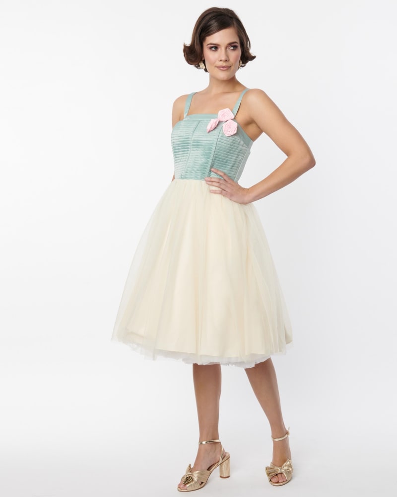 Unique Vintage Sage Ivory Tulle Swing Dress Green White